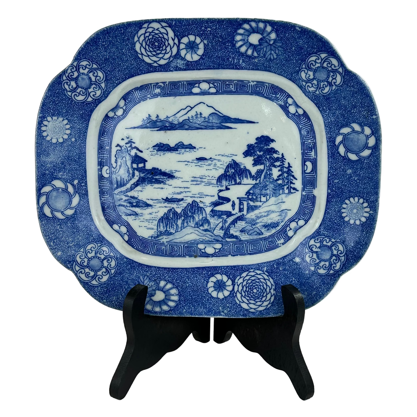 Antique Japanese Late Meiji c1910's Blue & White Porcelain Landscape Platter 10"W