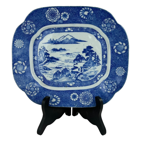Antique Japanese Late Meiji c1910's Blue & White Porcelain Landscape Platter 10"W