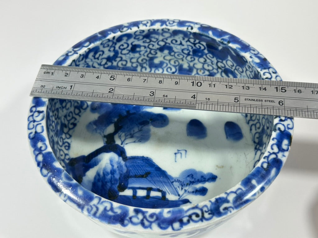 Antique Japanese Imari Blue White Porcelain Bowl Shanshui Landscape Late Edo 6.25"W