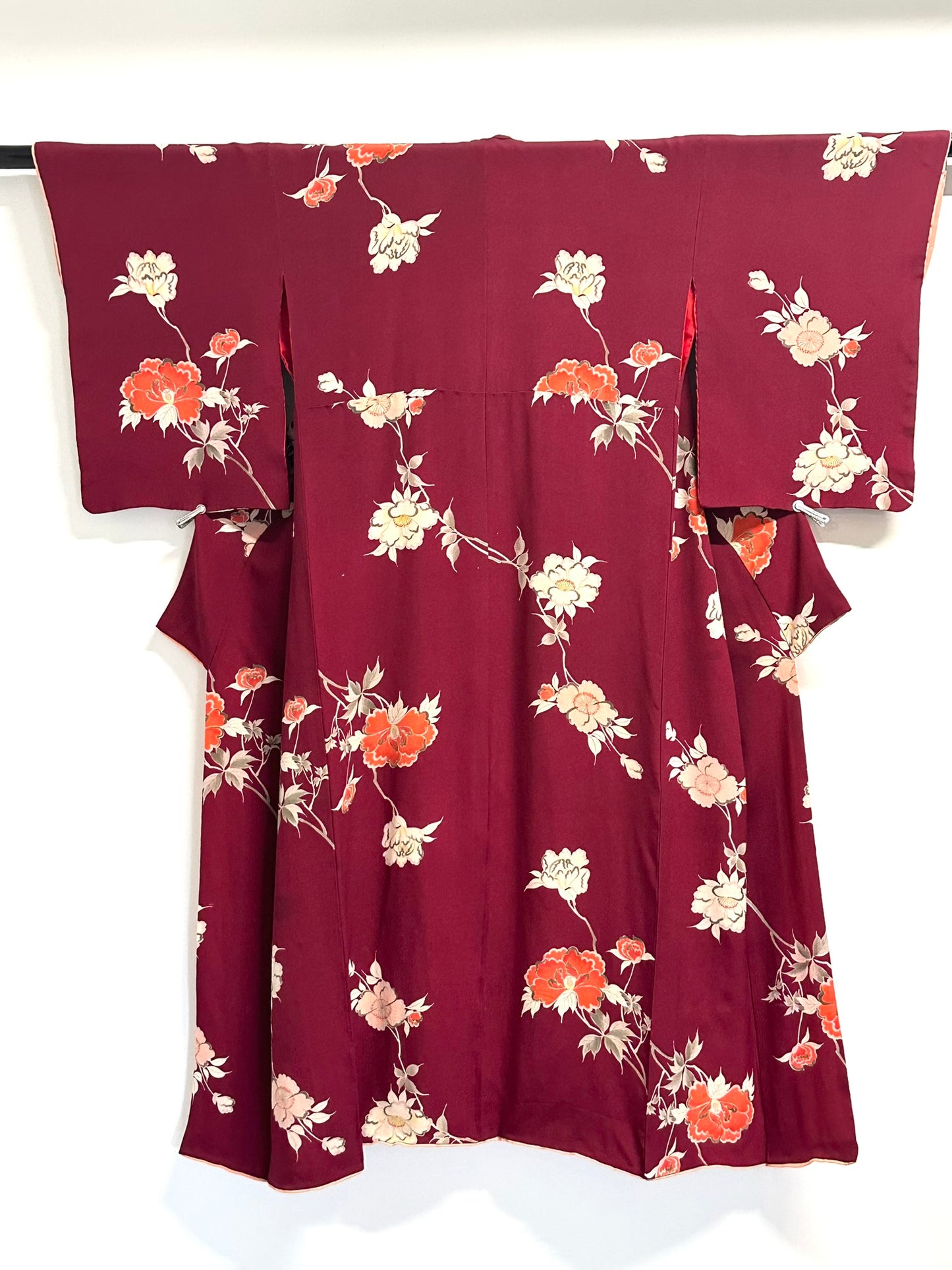 Vintage Japanese Silk Kimono Burgundy Peony Chirimen Crepe Showa