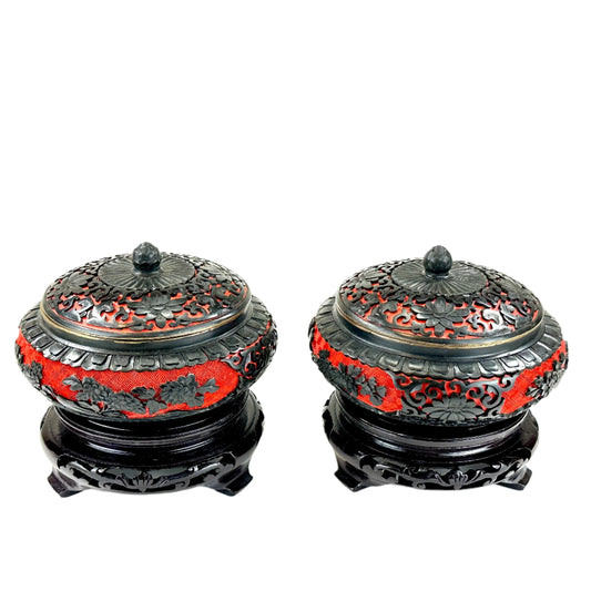 Vintage Chinese Cavered Lacquer Lidded Bowls Floral & Arabesque Motif Pair