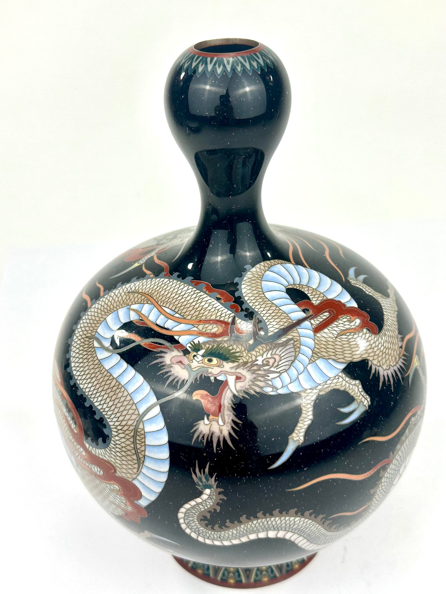 Antique Japanese Meiji Era (c1880) Cloisonné Vase Coiling Dragons 10”