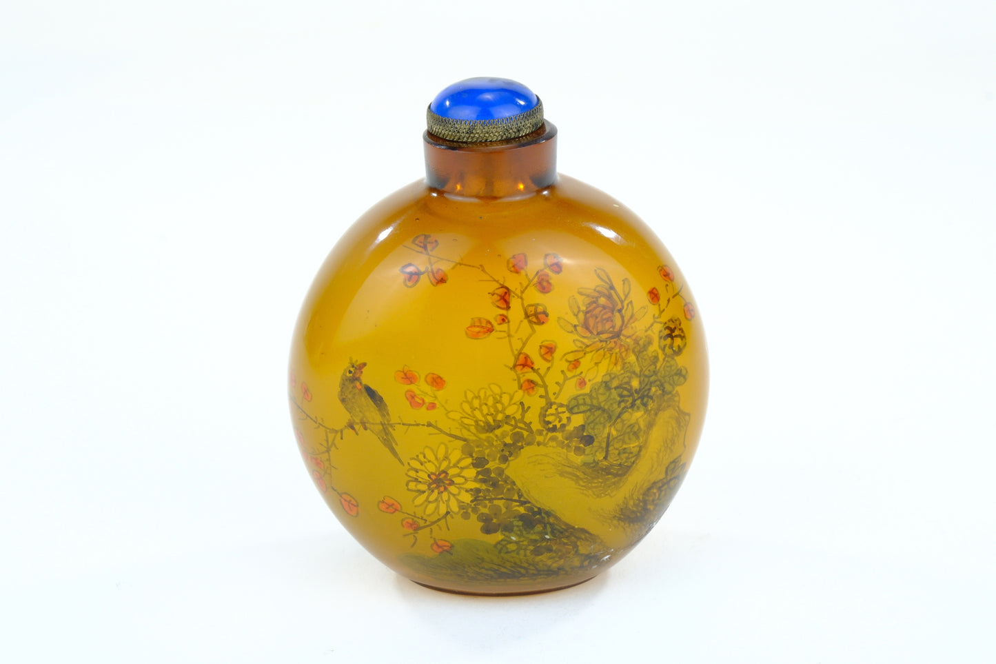 Chinese Amber Glass Interior Painted Snuff Bottle Birds Flowers Blue Stopper