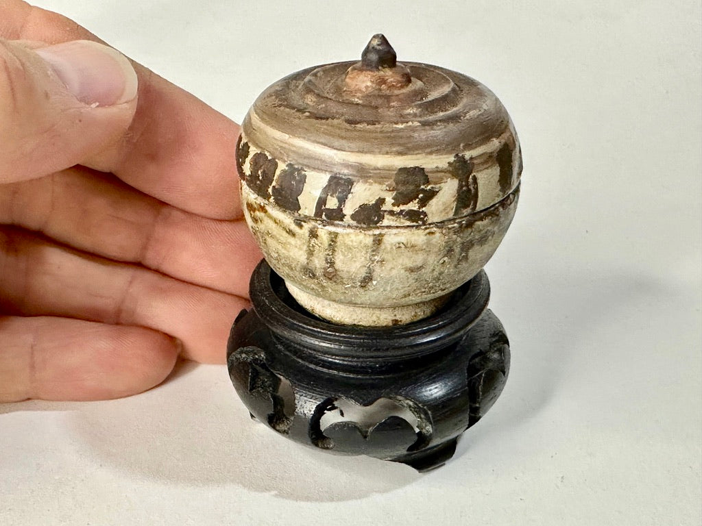 Southeast Asian Stoneware Covered Box Iron Slip Banded Decoration Hardwood Stand 2.5"