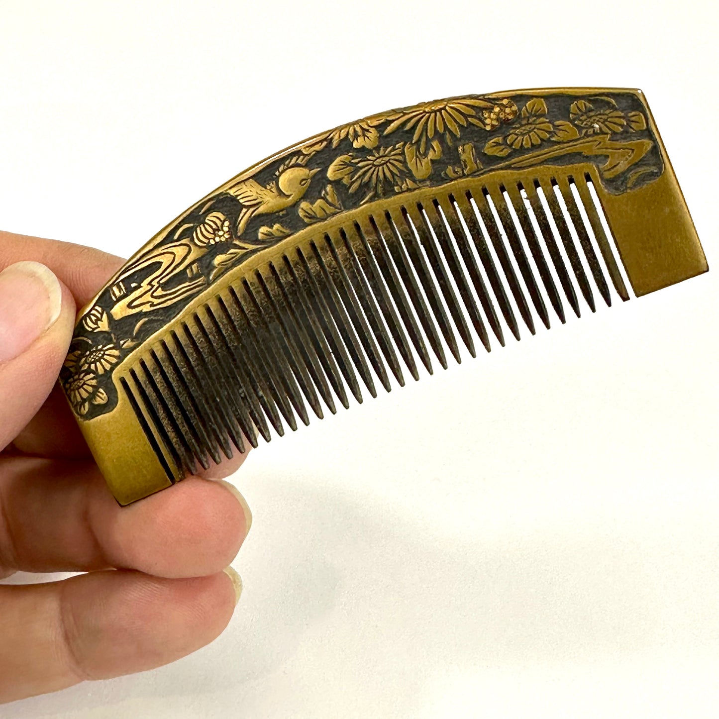 Antique Japanese Geisha Comb Kushi Hairpiece Kanzashi Gold Makie Sparrow & Flowers 3"