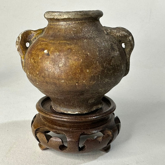 Southeast Asian Stoneware Miniature Jar Double Loop Handles Hardwood Stand 3"H