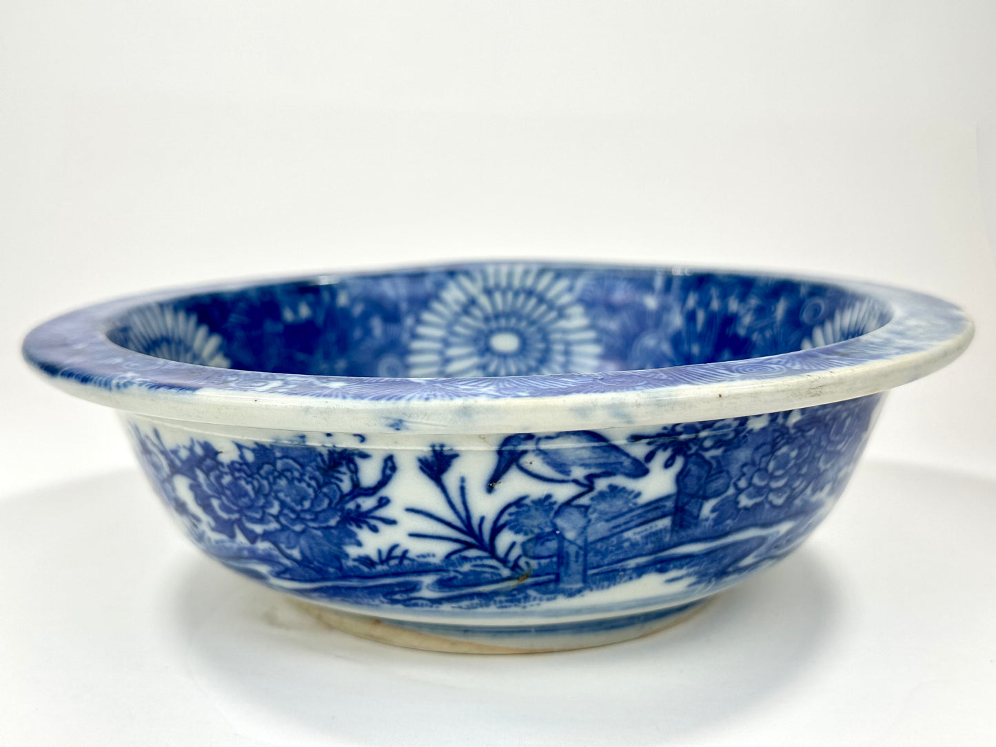 Antique Japanese Imari Sometsuke Blue White Porcelain Bowl Kiku Hanazume Late Edo 19th 8"W