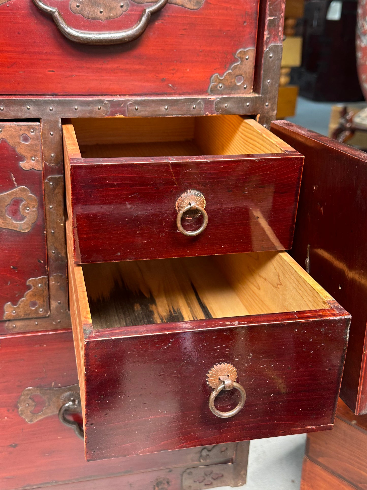 Antique Japanese Meiji Era c1890's Matsumoto Tansu Persimmon & Vermilion Finish 41"H