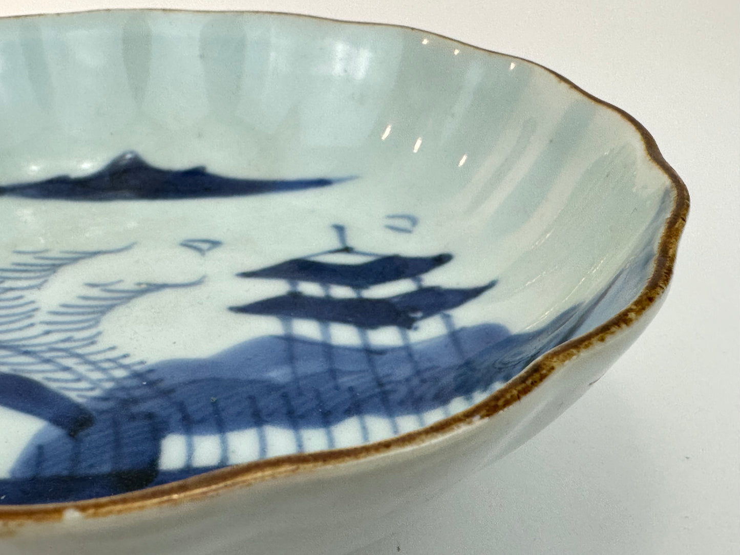 Antique Japanese Imari Scalloped Porcelain Bowl with Underglaze Blue Design 6.25"W