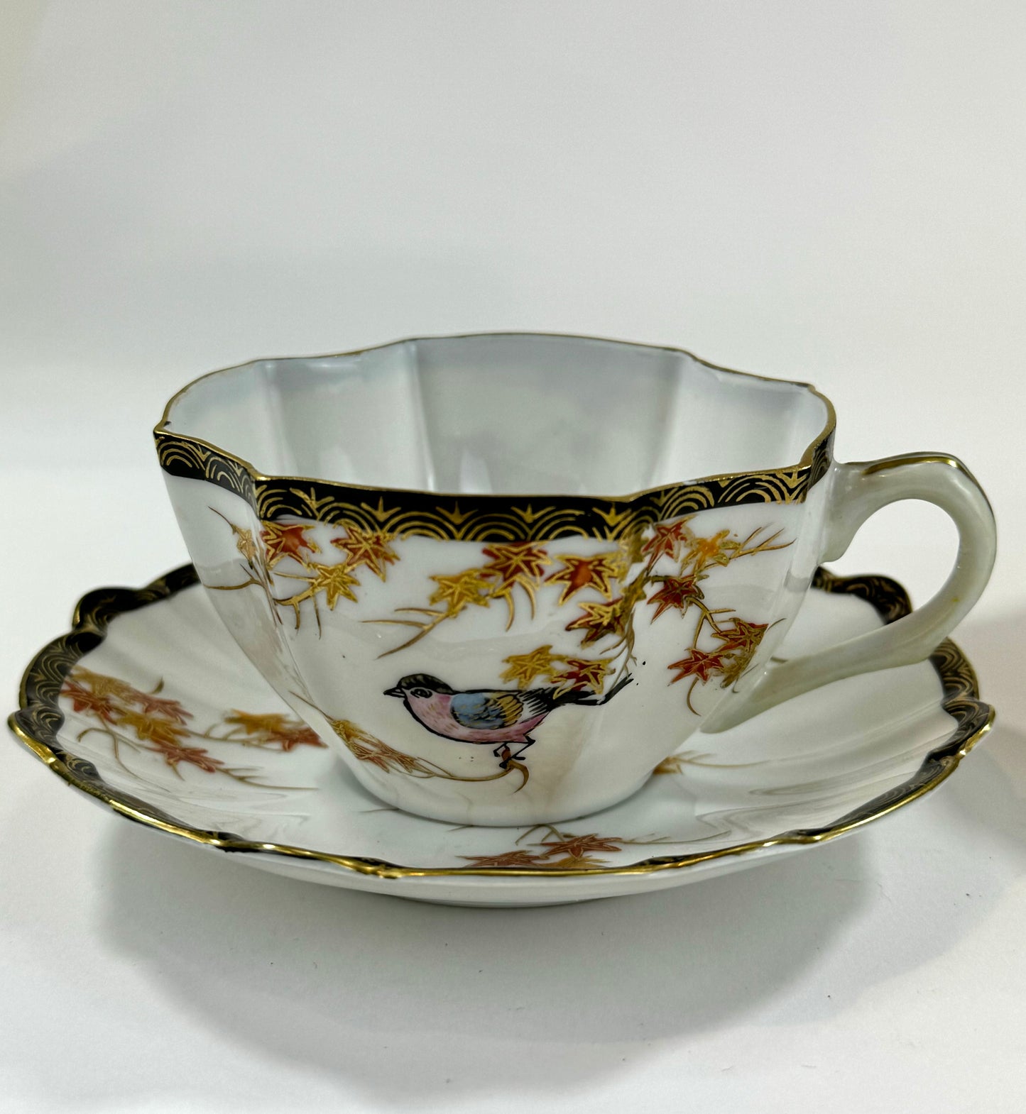 Vintage Japanese c1940’s Hand Painted Tea Cup & Saucer Set Bird & Maple