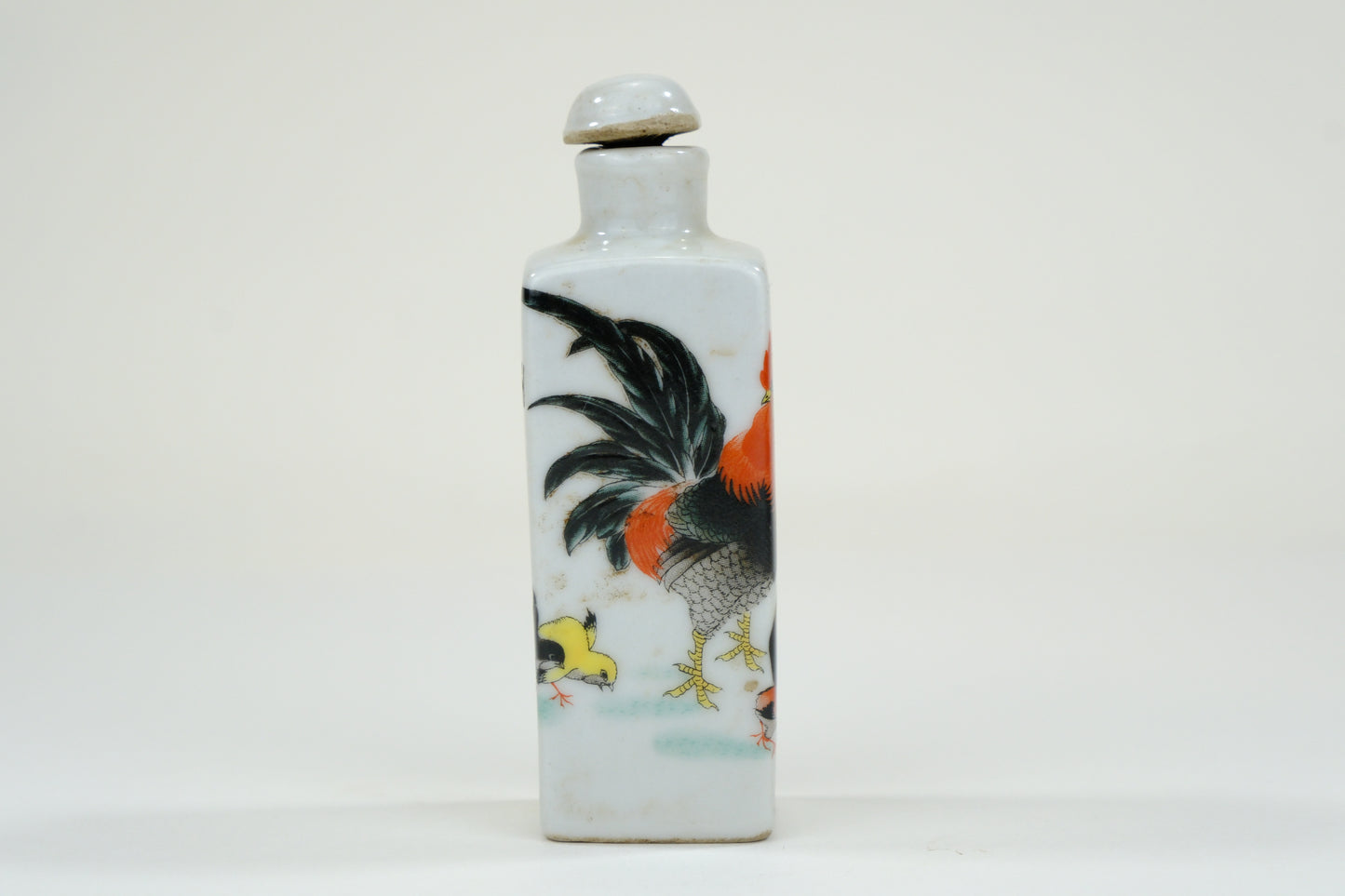 Vintage Chinese Ceramic Snuff Bottle Rooster Motif w/ Stopper 3"