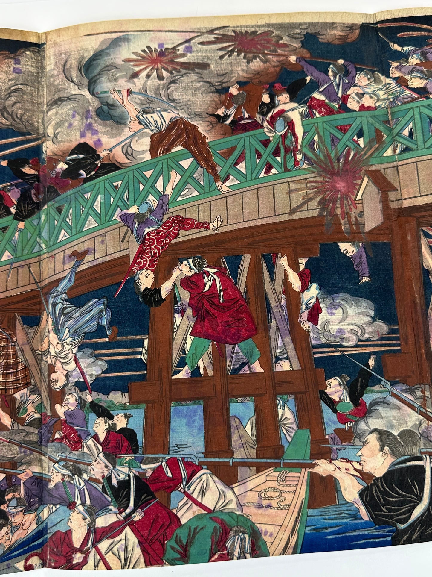 Hasegawa Sadanobu Woodblock Triptych Satsuma Rebellion Kumamoto Bridge Battle 1877 LS#215