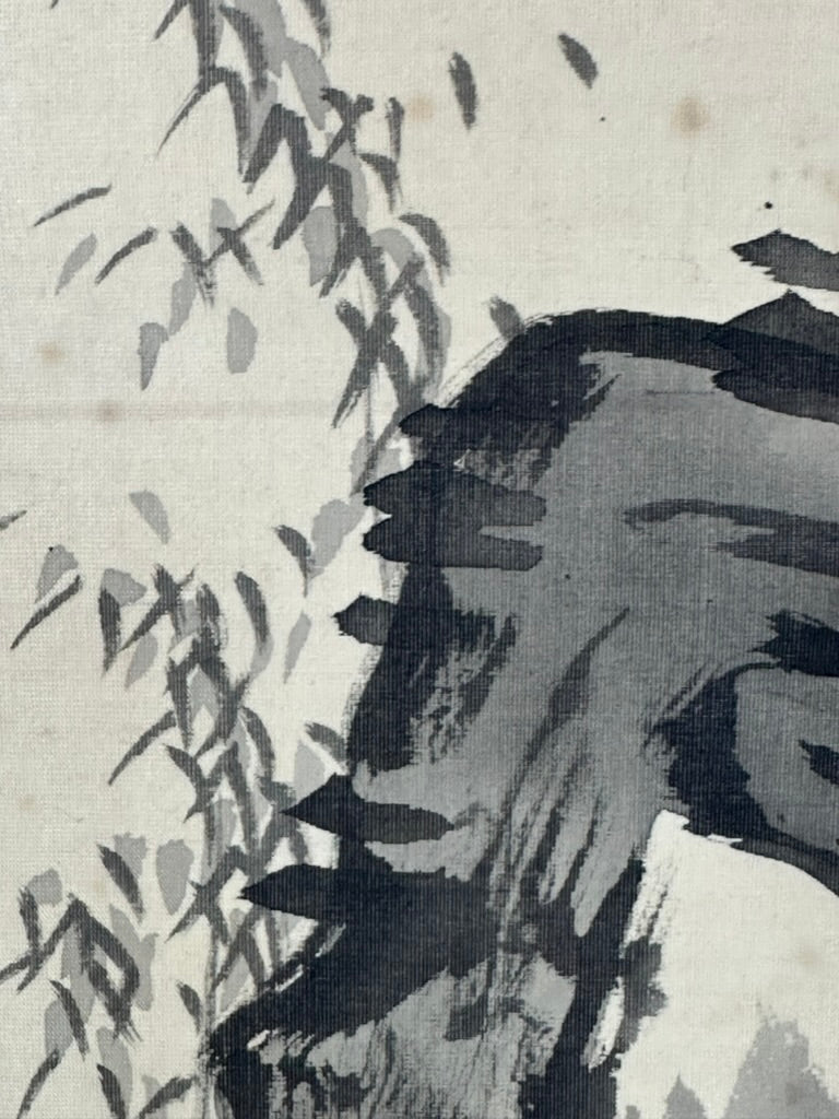 Antique Japanese c1912 Kakejiku Hanging Scroll Wild Bamboo Frost Branch Sumi Ink Signed 76"L