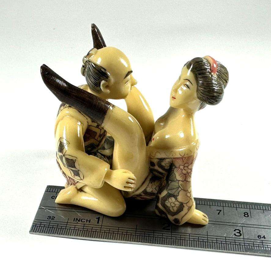 Vintage Japanese Shunga Erotic Figurine Couple Faux-Ivery Resin Hand Painted Showa d