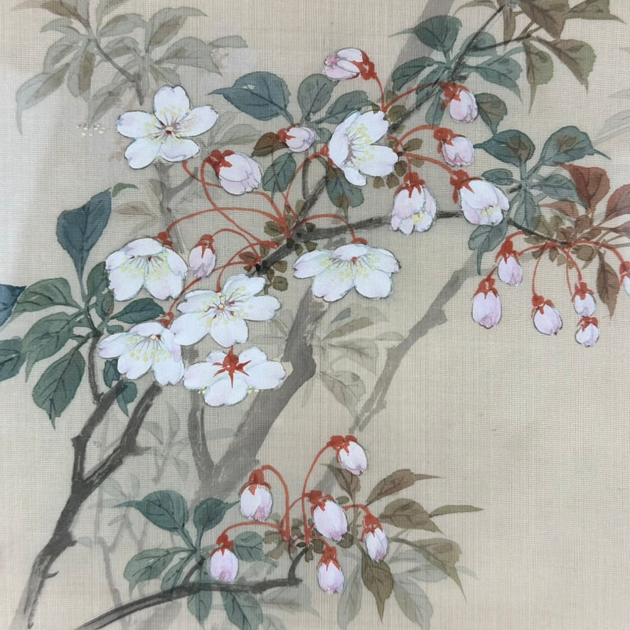 Antique Japanese Kacho-ga Silk Painting Sakura Cherry Blossoms Framed 18"H