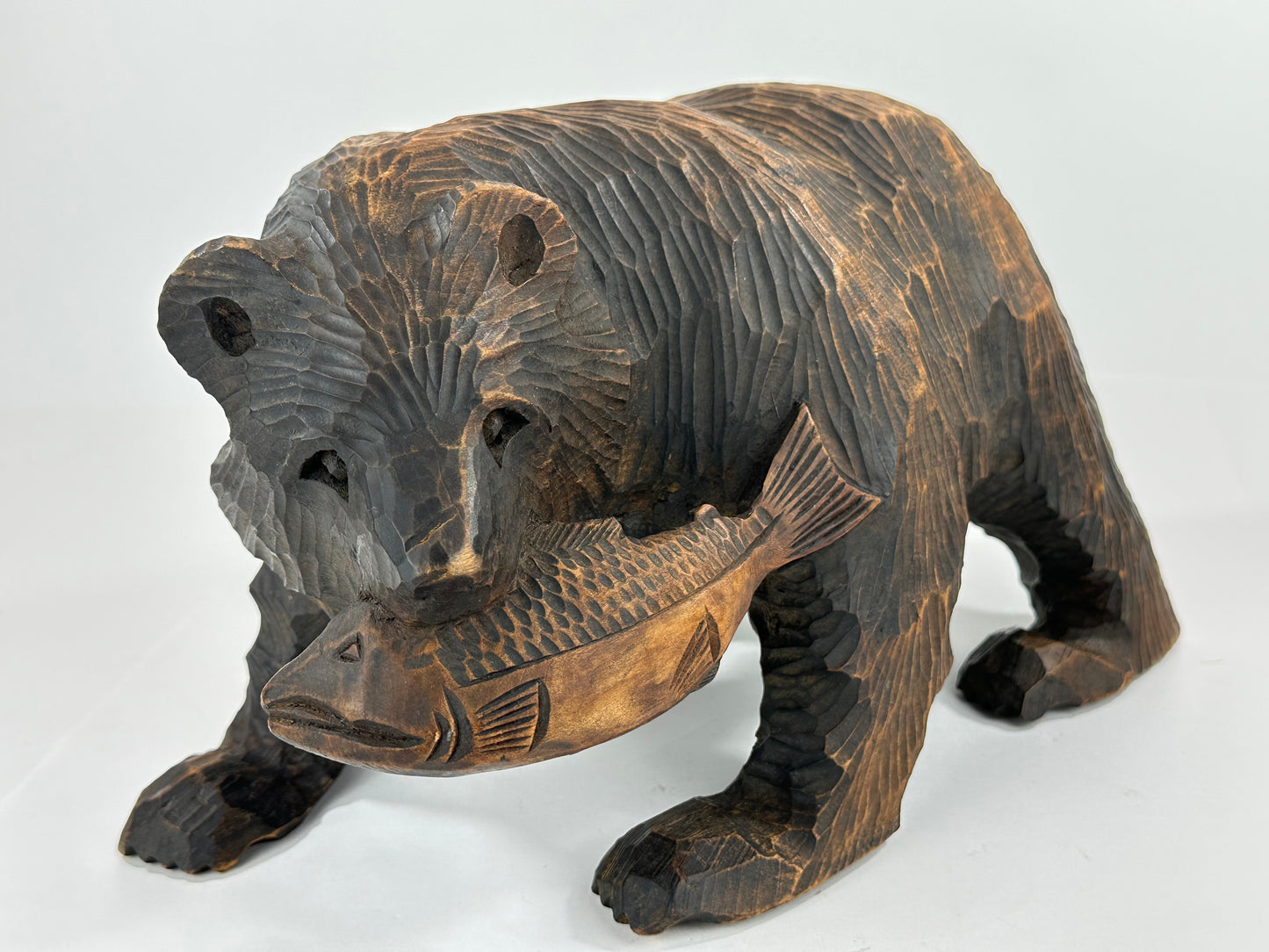 Vintage Japanese Ainu Bear Kuma w/ Salmon Signed & Dated 1972 Sugi Wood ~13"