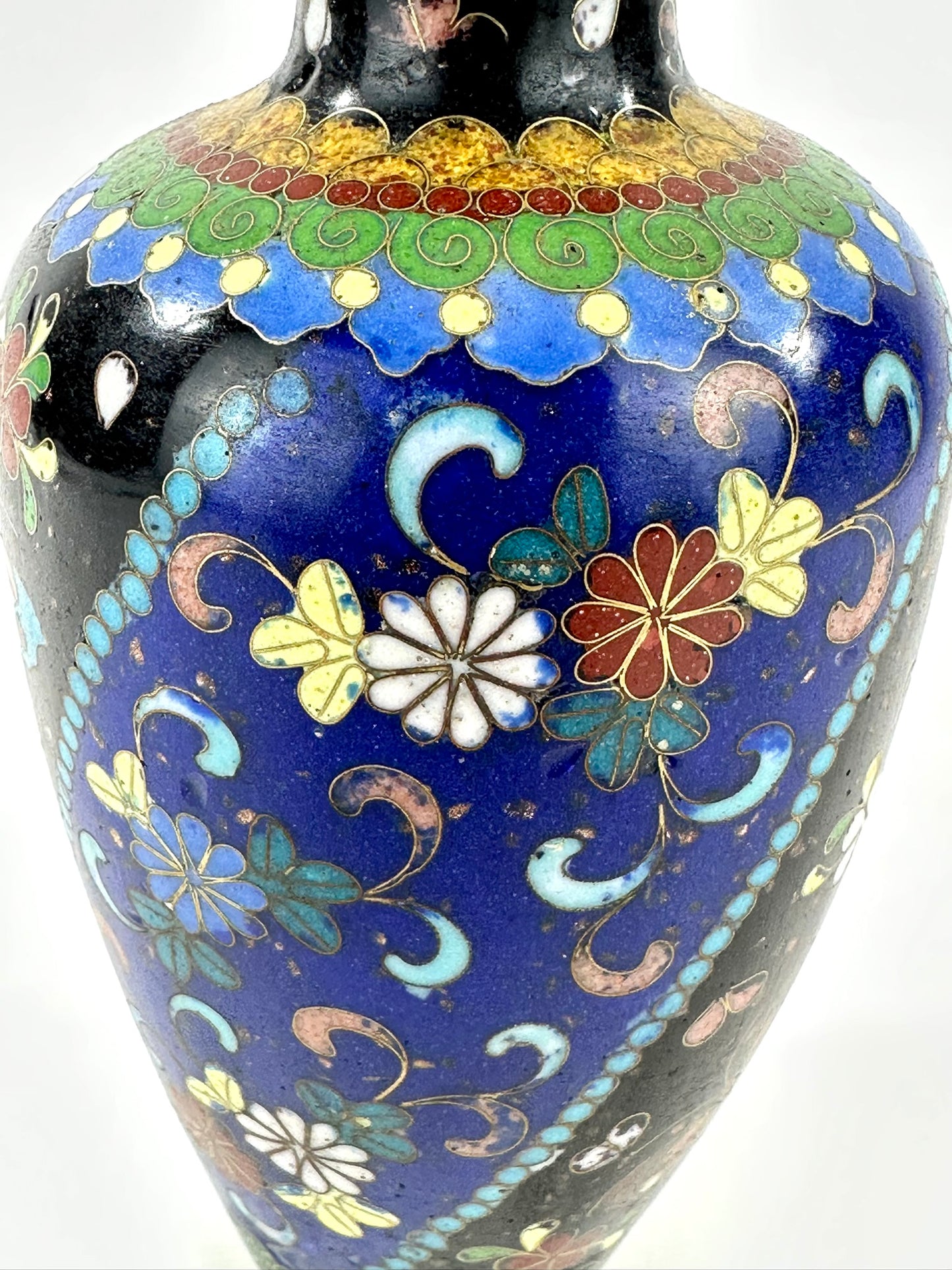 Japanese Meiji Cloisonne Shippo Baluster Vase Cobalt Black Butterfly Floral 5"H