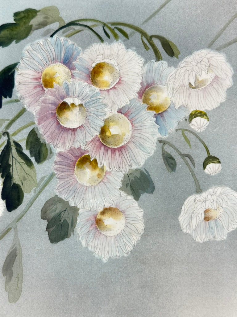 Antique Asian Kacho-ga Silk Painting Chrysanthemums and Butterfly 17x21