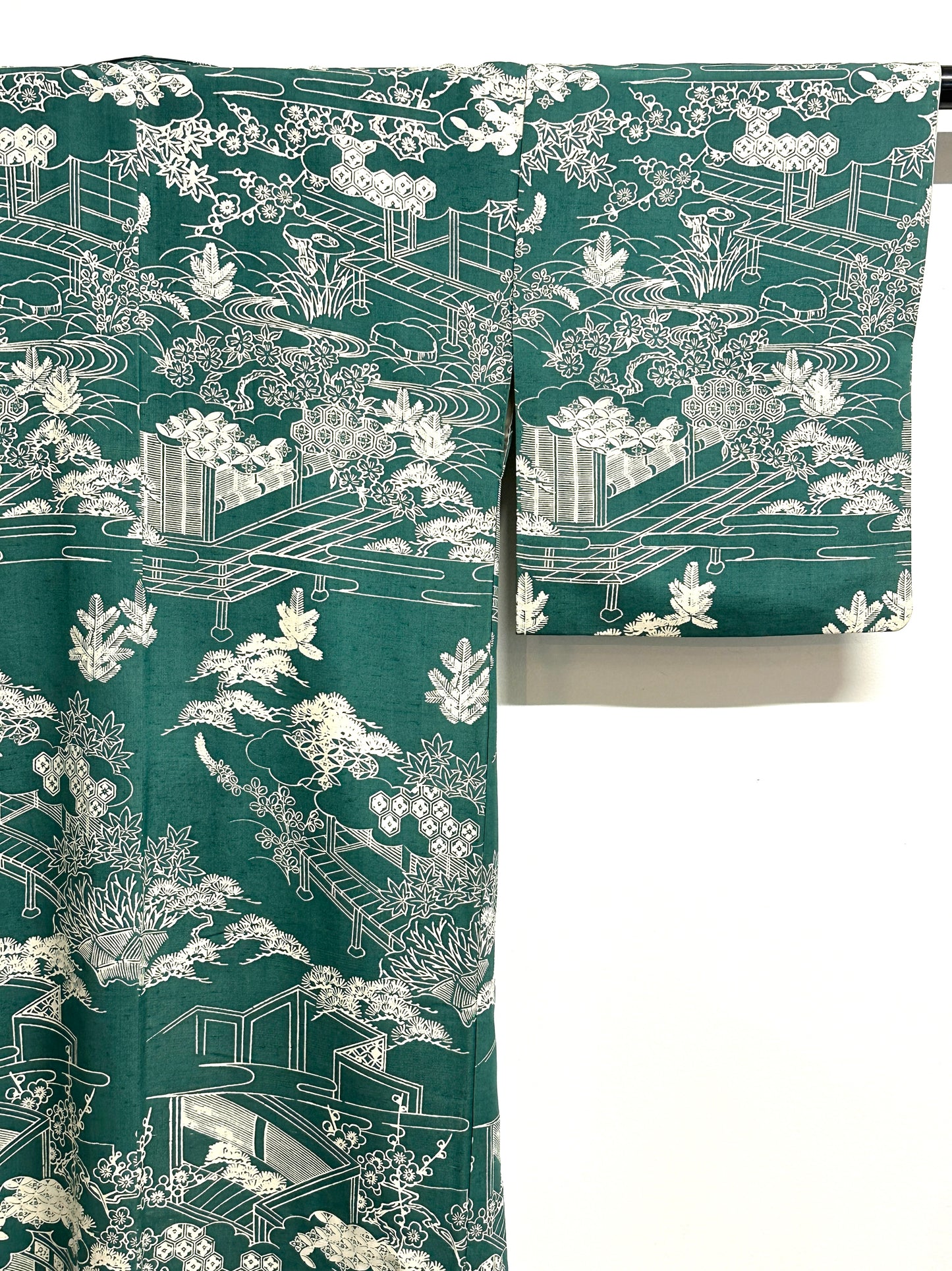 Vintage Japanese Silk Kimono Allover Garden Landscape Teien Crane Pine Teal Showa