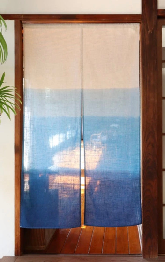 New Japanese Noren Curtain Hiyori Sea Blue Ombre Doorway 150cm 20% Linen