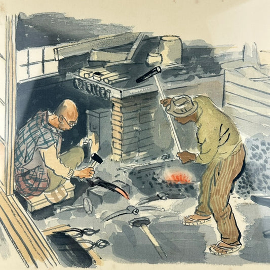Original Wada Sanzo c.1939 Woodblock Print Blacksmith Kaji Swordsmith Showa #13 18"W LS#012