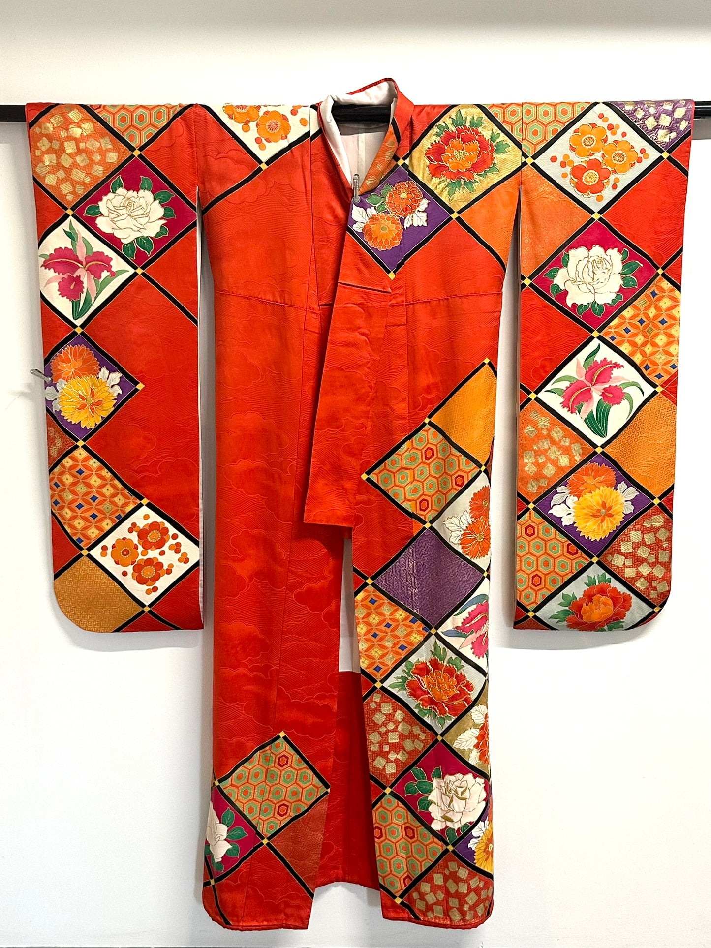 Vintage Japanese Silk Rinzu Kimono Hishi Diamond Floral Panels Showa Furisode