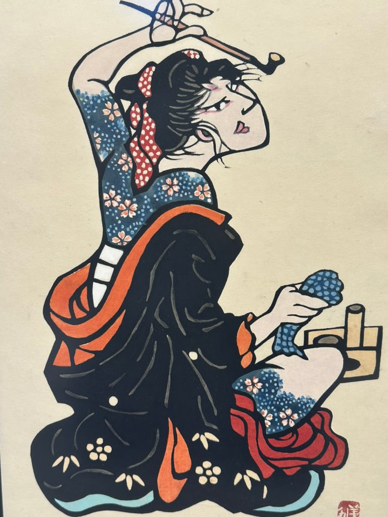 Vintage Japanese Kappazuri Print Yoshitoshi Mori Bijin with Kiseru Smoking Beauty 1984 Ed 31/90