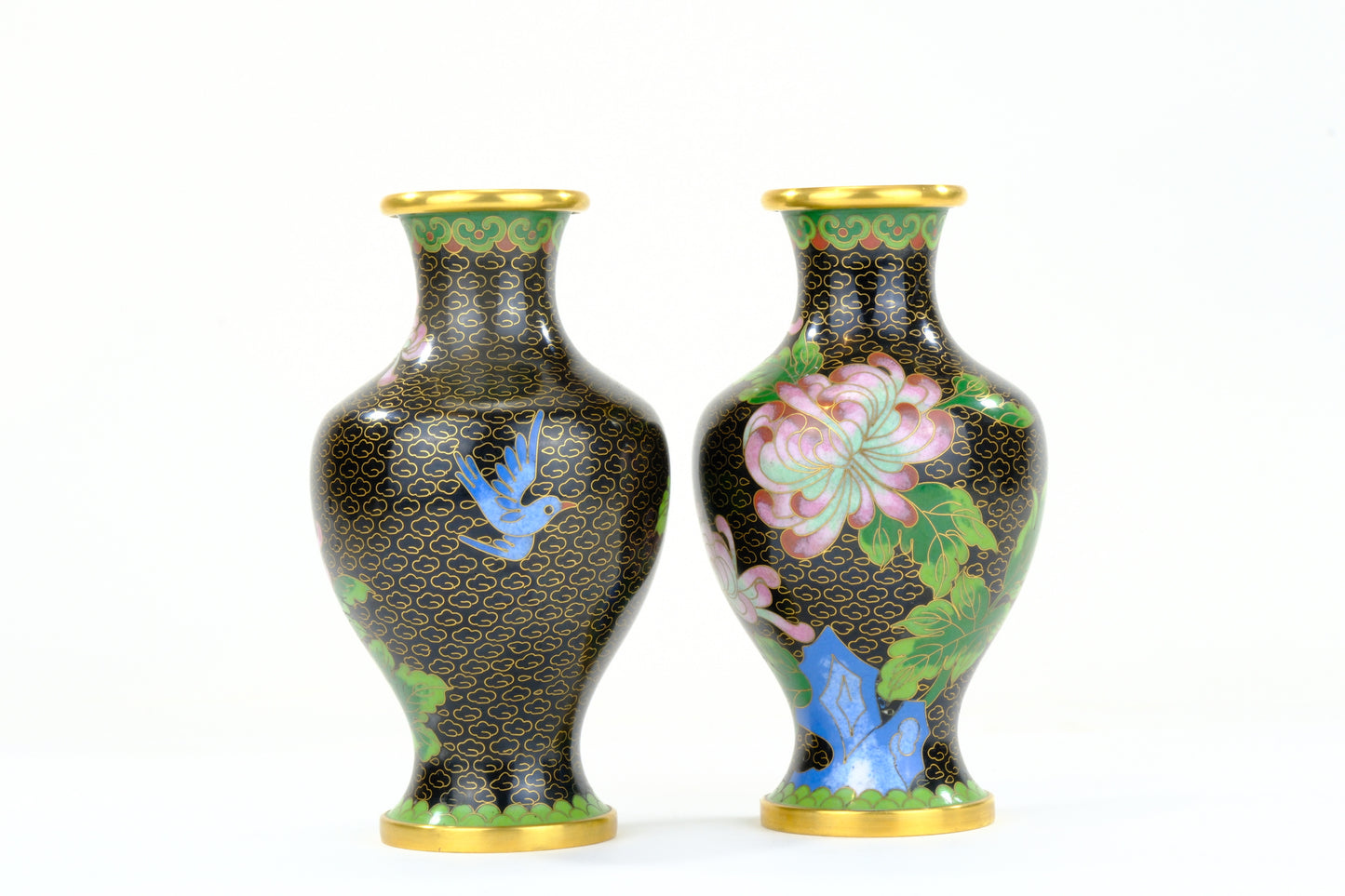 Chinese Cloisonne Enamel Vase Pair Black Ground Blue Bird Pink Peony Gold Rim
