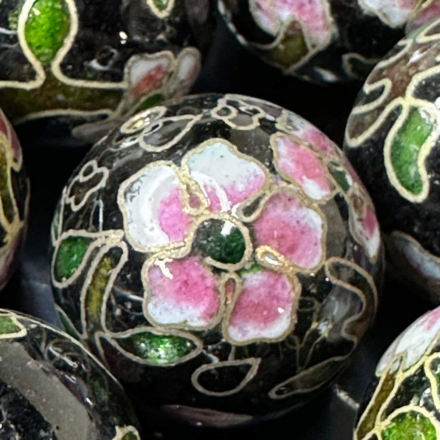 One Vintage Chinese Cloisonne Black Pink Floral Bead 20mm Glass Enamel Jewelry