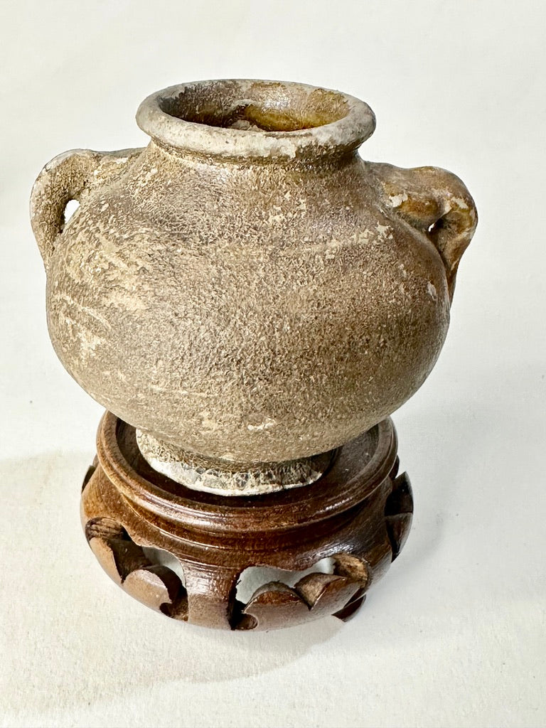 Southeast Asian Stoneware Miniature Jar Double Loop Handles Hardwood Stand 3"H