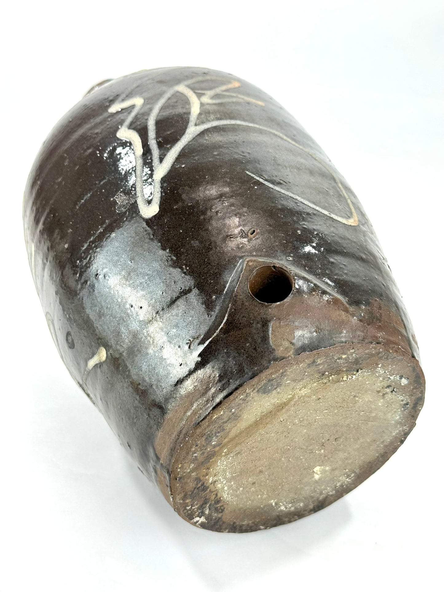 Antique Japanese Dark Glazed Stoneware Tokkuri Sake Jug White Slip Calligraphy Tap Hole Meiji 14"H