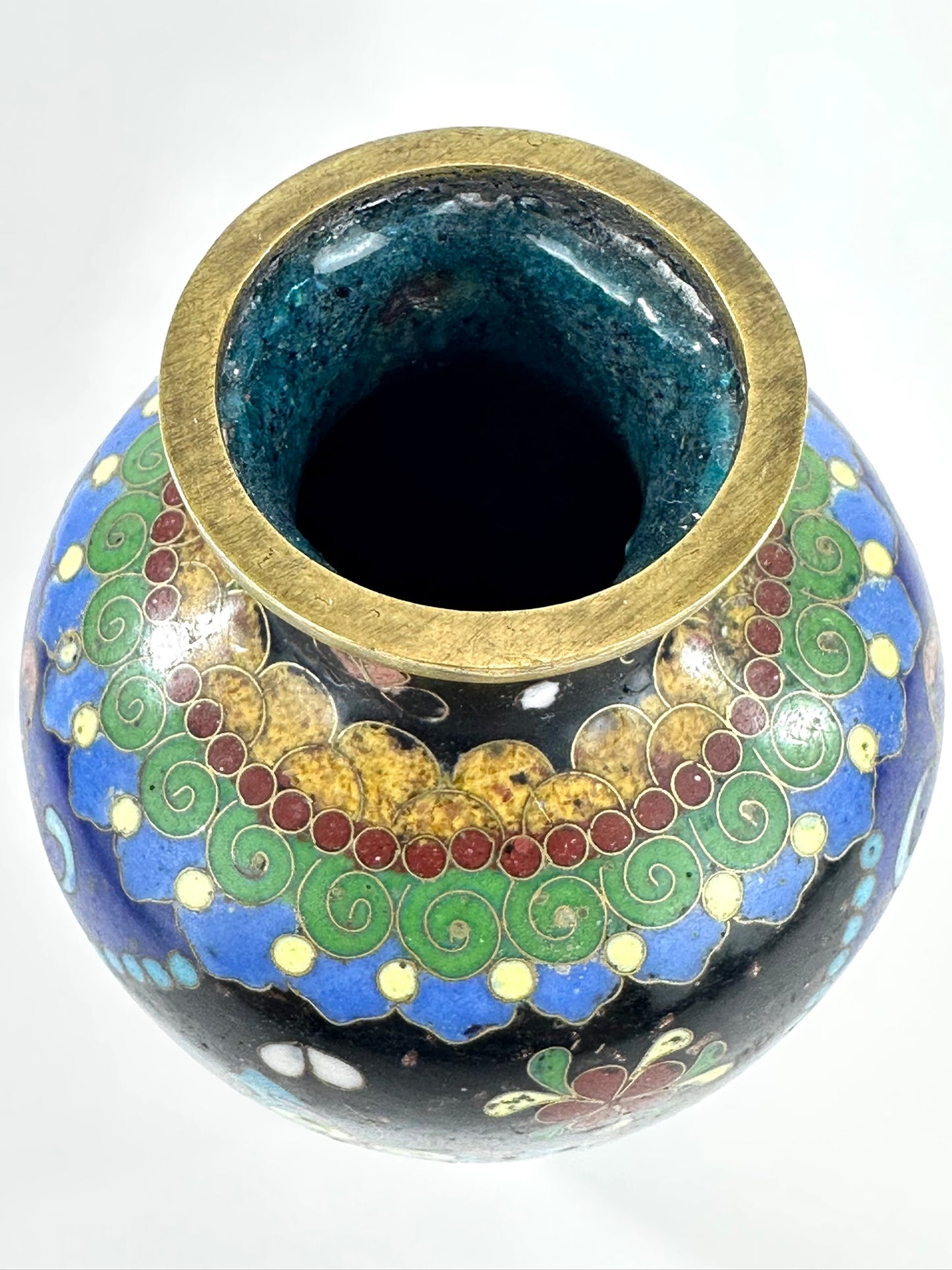 Japanese Meiji Cloisonne Shippo Baluster Vase Cobalt Black Butterfly Floral 5"H
