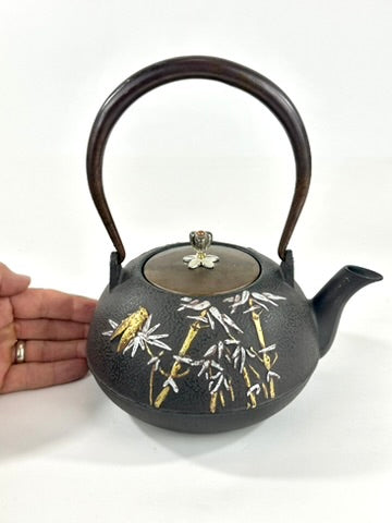 Vintage Japanese Cast Iron Tetsubin Bamboo Cicada Gold Silver Brass Lid Showa 8"W LS#149