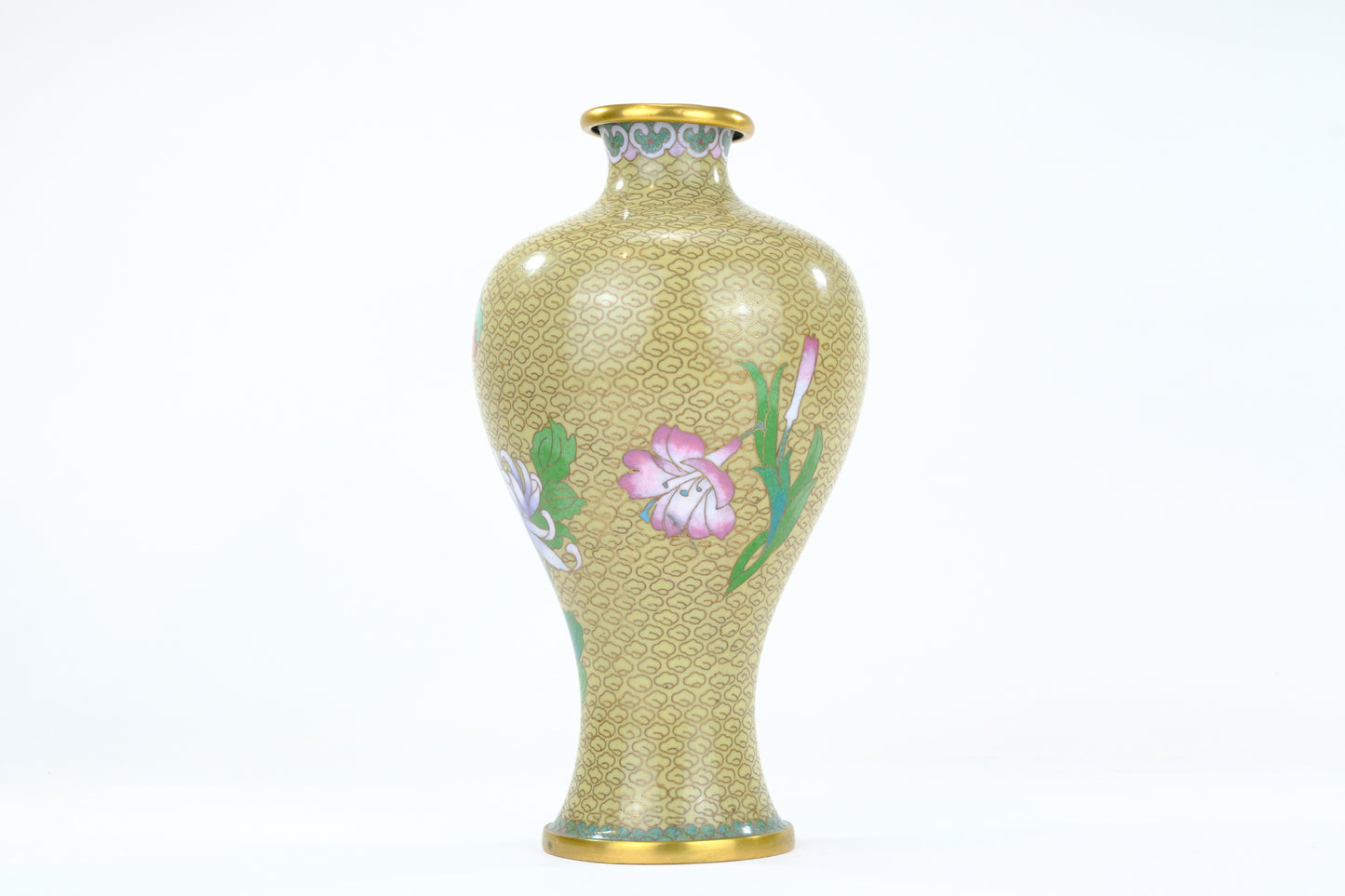 Chinese Cloisonne Enamel Meiping Vase Gold Ground Lotus Chrysanthemum Butterfly 9"H