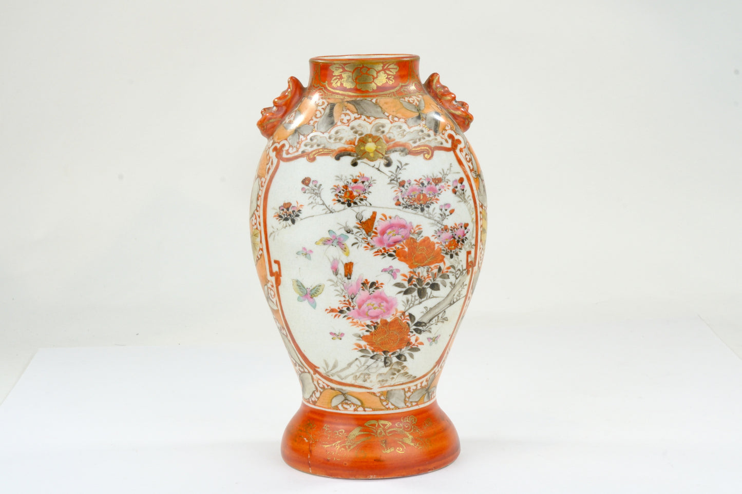 Antique Japanese Kutani Vase Dai Nippon Dragon Handles Bijin Figures Peony Butterfly Meiji 9H
