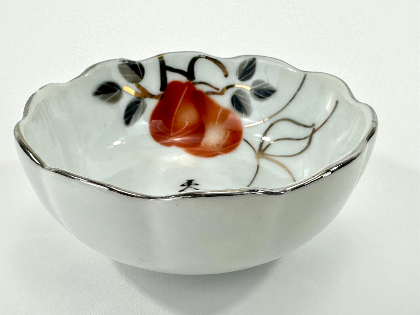 Vintage Japanese Porcelain Cup with Persimmon Motif Silver-Rimmed 3″