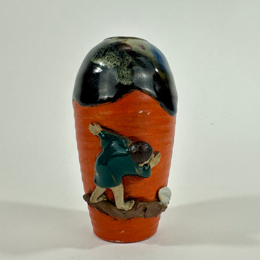 Antique Japanese Sumida Gawa Pottery Vase Figure Boy Red Orange Black Flambe Glaze Meiji 4.5"H