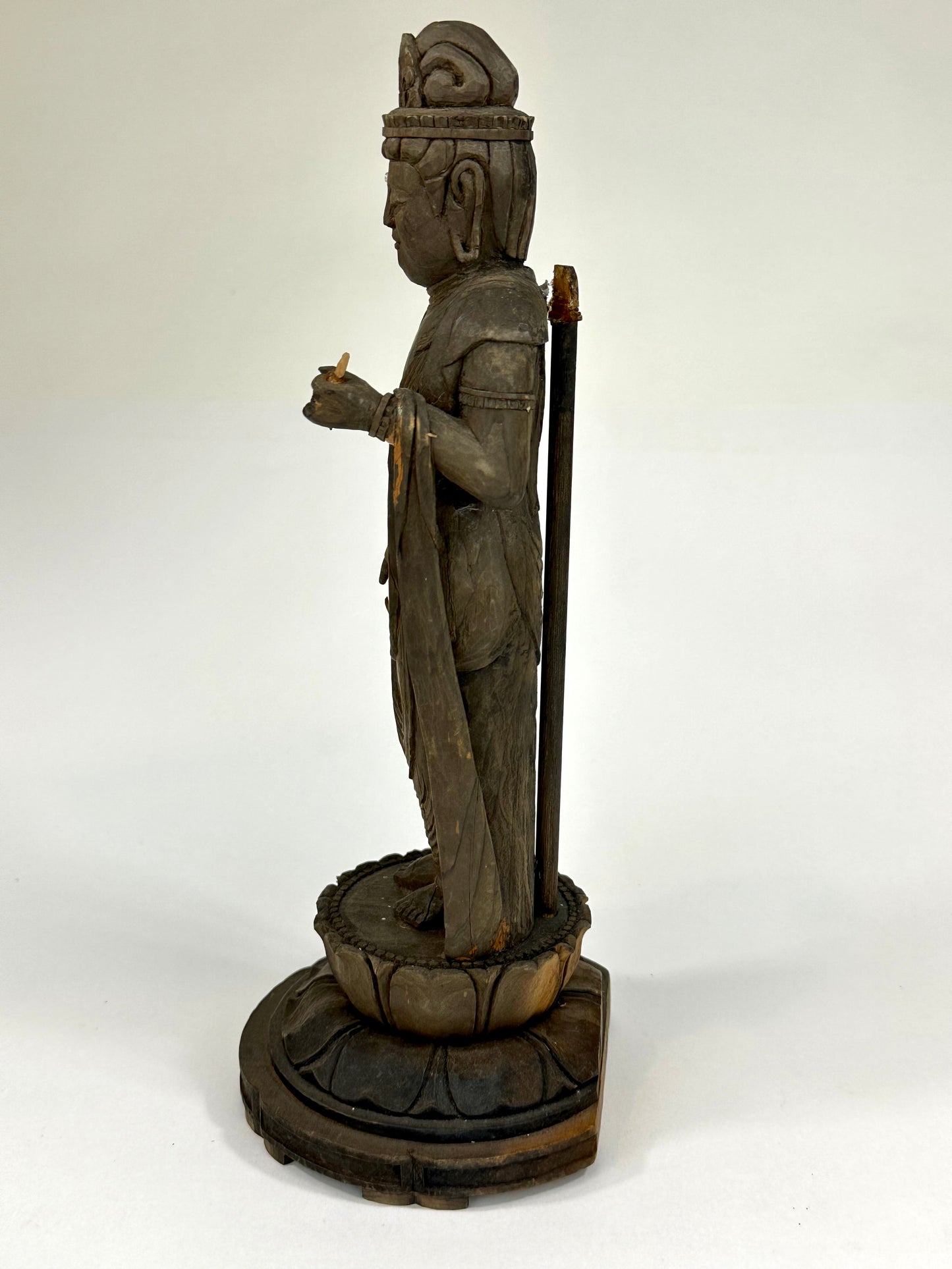 Antique Japanese Wooden Jizō Bosatsu (Kṣitigarbha Bodhisattva) Standing on Lotus Base10”