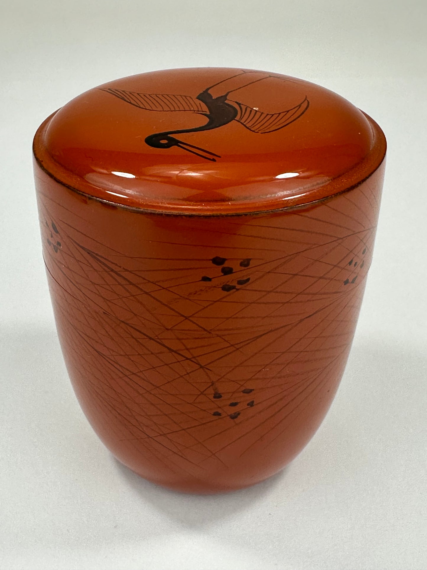 Vintage Japanese Tea Ceremony Natsume Tea Caddy Red Lacquer Crane & Pine Tree