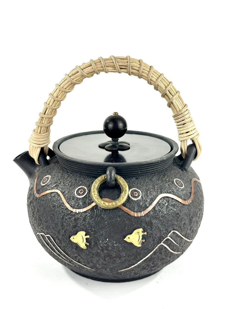 Vintage Japanese Signed Cast Iron Tetsubin Plover Wave Gold Silver Copper Inlay Showa 6.5"W LS#055