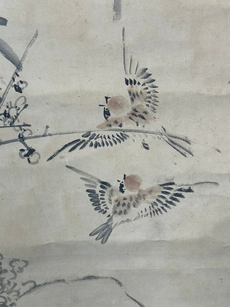 Antique Japanese Kakejiku Hanging Scroll Sparrow Bamboo Prunus Kacho-ga Ink 76"L