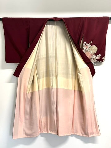 Vintage Japanese Silk Brocade Kimono Woven Kiku Chrysanthemum Burgundy Showa