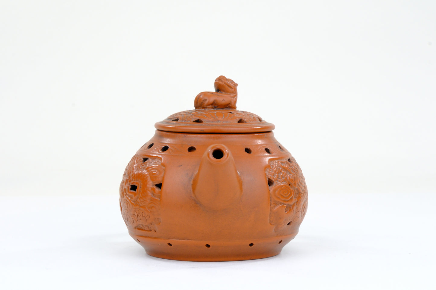 Vintage Chinese Yixing Style Teapot Double Wall Dragon Relief Shishi Finial Hongni Clay 6"