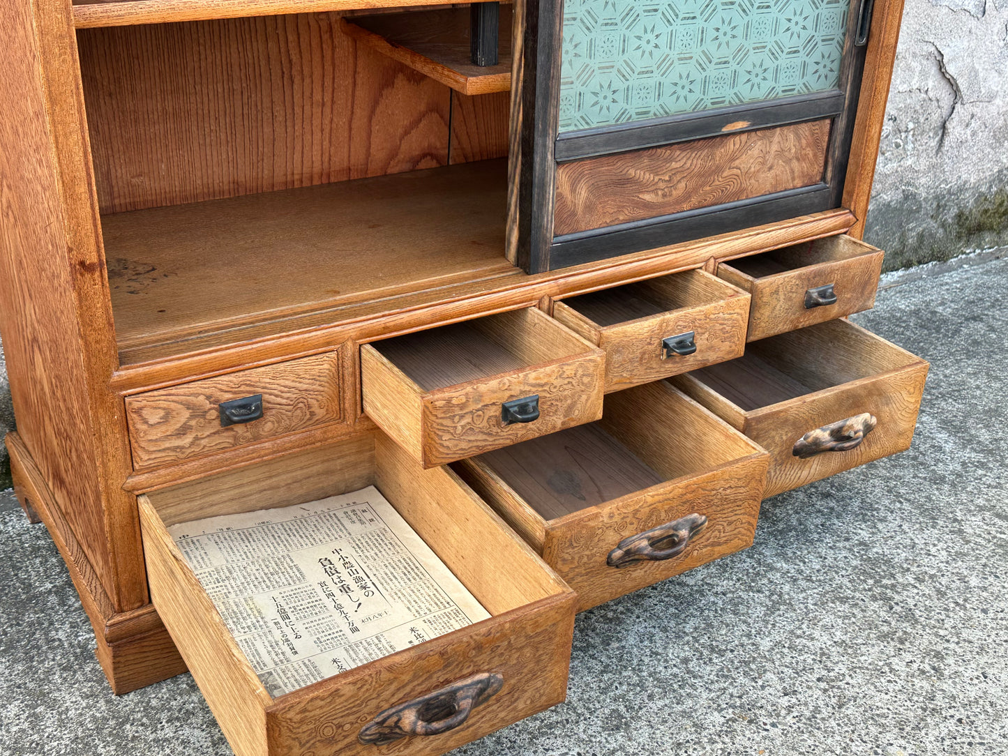 Rare Antique Japanese Keyaki Chadansu c1937 Cabinet Carved Crane & Turtle Finials Persimmon Trim 36"W