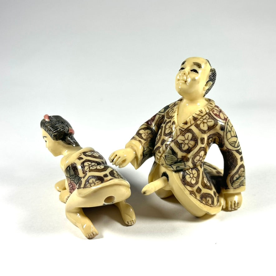 Vintage Japanese Shunga Erotic Figurine Couple Faux-Ivery Resin Hand Painted Showa e