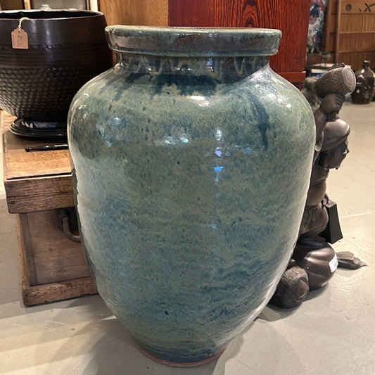 Antique Japanese Tsubo Urn Blue-Green Drip Glaze 24"H