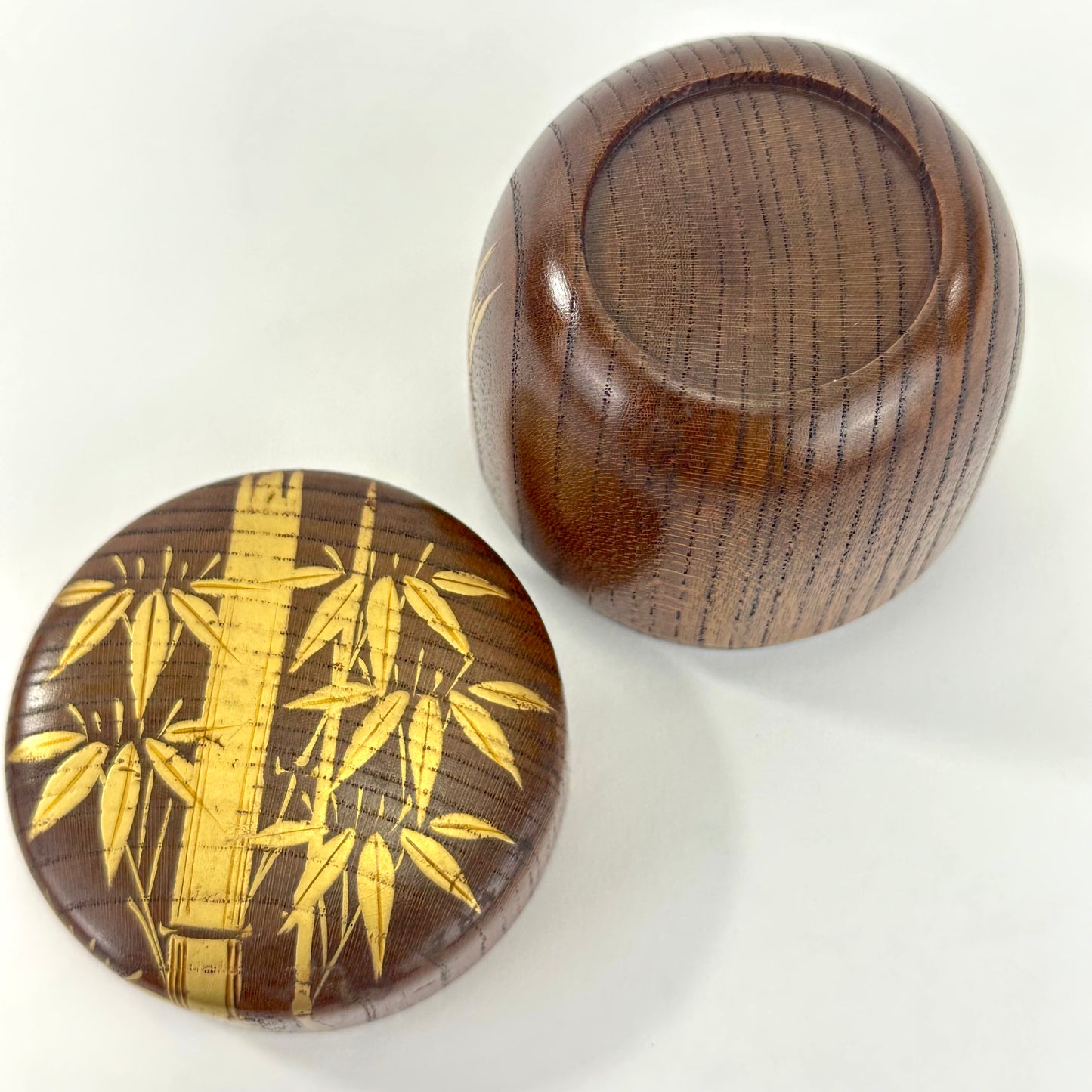 Japanese Keyaki Wood Natsume Tea Caddy with Gold Bamboo Design 2.5"