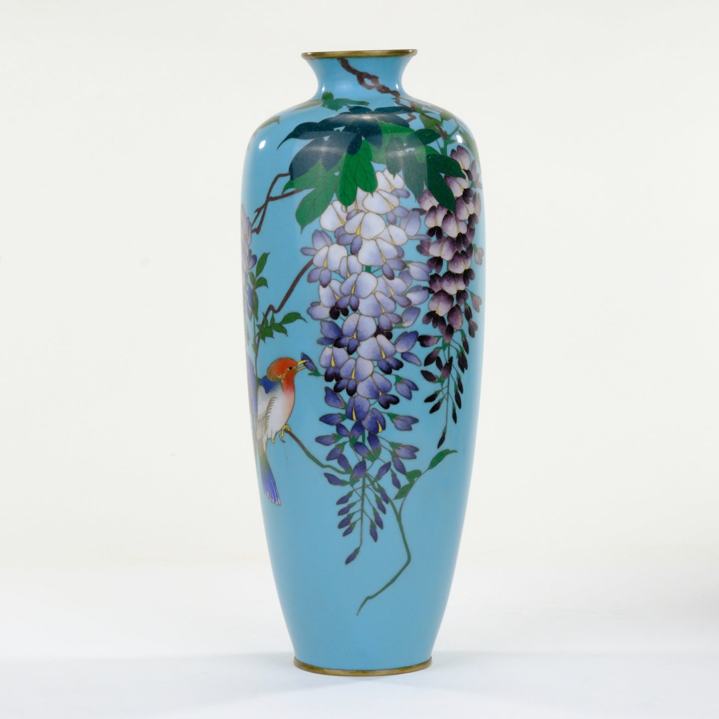 Antique Japanese Meiji Era (c1880) Cloisonné Vase Wisteria & Bluebird on Turquoise 12”