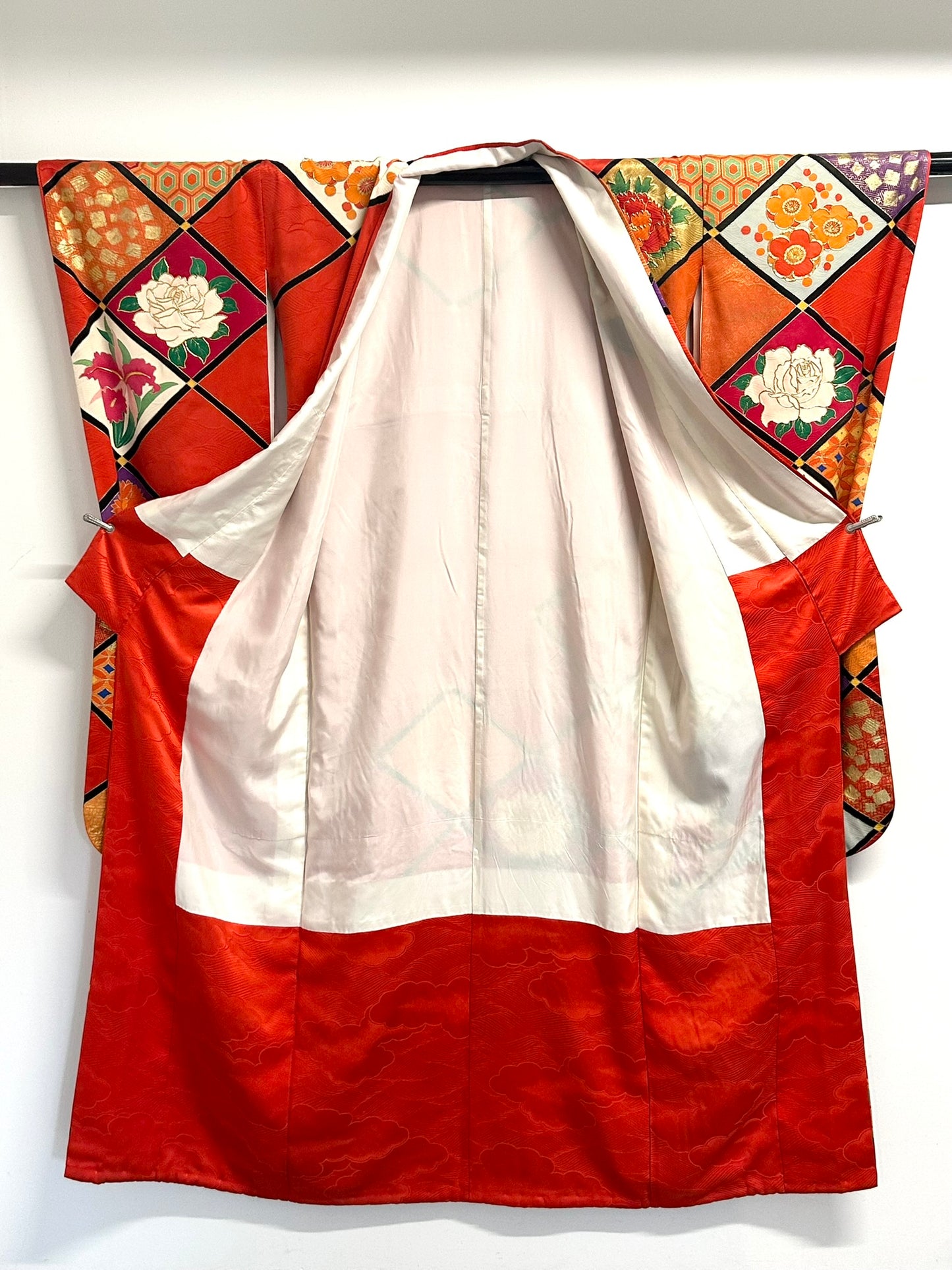 Vintage Japanese Silk Rinzu Kimono Hishi Diamond Floral Panels Showa Furisode
