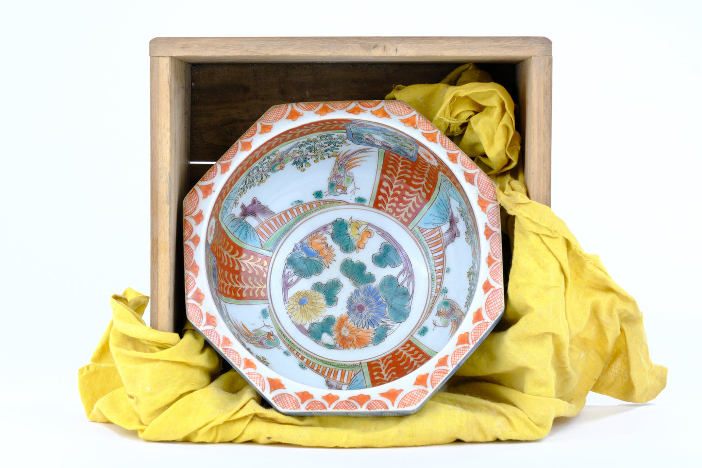 Antique Japanese Edo Imari Nesting Octagon Bowls Pair w/ Presentation Box 7"